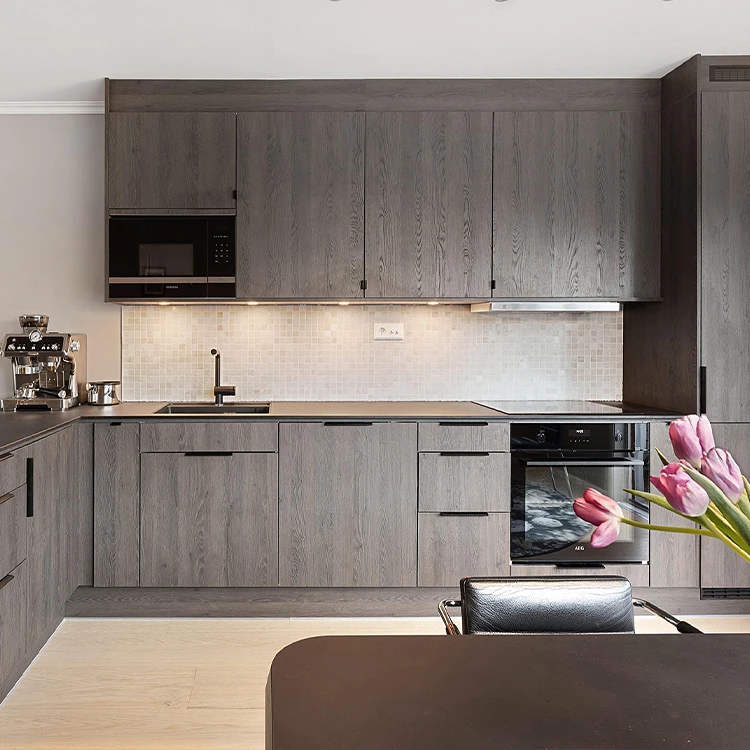 grayish brown cabinets in kitchen